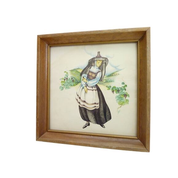Vintage Framed Girl in Gape Field Print Winery Decor - Picture 1 of 7